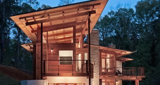 แบบบ้านสองชั้น สไตล์โมเดิร์น บ้านไม้ผสมปูนบนเนินสวยโดดเด่น