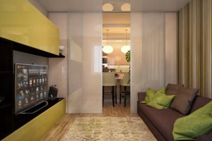 ตกแต่งห้องนั่งเล่นในคอนโดมิเนียมสีเขียวตัดน้ำตาลสไตล์โมเดิร์น