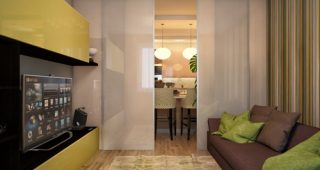 ตกแต่งห้องนั่งเล่นในคอนโดมิเนียมสีเขียวตัดน้ำตาลสไตล์โมเดิร์น