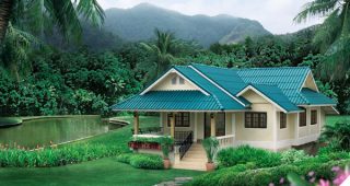 แบบบ้านหลังคาสีเขียวสมุทร บรรยากาศสวนชวนสดชื่น