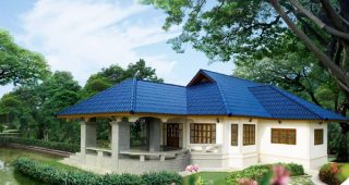 แบบแปลนบ้านริมน้ำหรู หลังคาบ้านสีน้ำเงินไพลิน โดดเด่น