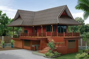 แบบบ้านตราช้าง ทรงไทยประยุกต์ สีโทนปูนแดง