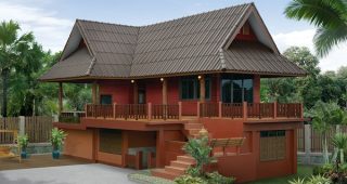 แบบบ้านตราช้าง ทรงไทยประยุกต์ สีโทนปูนแดง