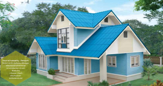 แบบแปลนบ้านตราช้าง เด่นที่สีฟ้า เย็นตาสว่างใจ