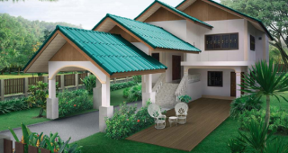 แบบบ้านสวย หลังคาเขียวประกายมุก พร้อมที่จอดรถด้านหน้า