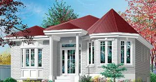 แบบแปลนบ้านแต่งอิฐสีเทาอ่อนสวย เด่นที่หลังคาสีแดง