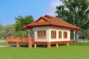 แบบบ้านเกษตรมีสุข บ้านชั้นเดียวยกพื้น พื้นที่ใช้สอย 90 ตร.ม. งบประมาณ 8 แสนบาท