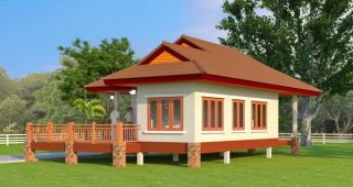 แบบบ้านเกษตรมีสุข บ้านชั้นเดียวยกพื้น พื้นที่ใช้สอย 90 ตร.ม. งบประมาณ 8 แสนบาท