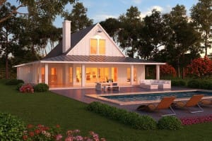 แบบบ้านสไตล์ฟาร์มเฮ้าส์สีขาวสวยพร้อมสระว่ายน้ำเย็นชื่น