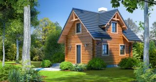 แบบบ้านไม้ Log Cabin สองชั้นกะทัดรัดน่ารักกลางป่า