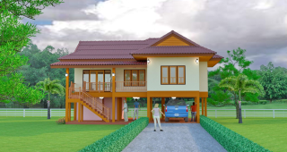 แบบบ้านเกษตรปลอดภัย บ้านยกพื้นสูง พื้นที่ใช้สอย 160 ตร.ม. งบประมาณ 1.4 ล้านบาท