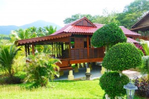 บ้านไม้ยกพื้นงานสวยเนี๊ยบ ท่ามกลางสวนงาม