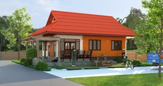 แบบบ้านเกษตรสุขเกษม บ้านชั้นเดียว สไตล์ไทยประยุกต์ พื้นที่ใช้สอย 110 ตร.ม. งบประมาณ 1.3 ล้านบาท