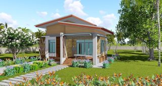 แบบบ้านเกษตรน้ำฝน บ้านชั้นเดียวสไตล์โมเดิร์น พื้นที่ใช้สอย 67 ตร.ม. งบประมาณ 800,000 บาท