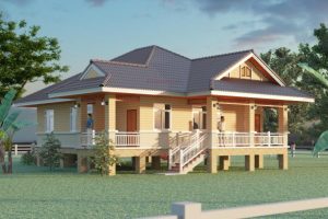 แบบบ้านเกษตรร่วมสมัย บ้านชั้นเดียวยกพื้นสูง พื้นที่ใช้สอย 160 ตร.ม. งบประมาณ 2 ล้านบาท