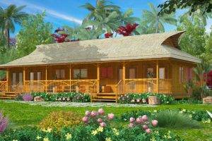 แบบบ้านไม้ระเบียงยาวขนาด 3 ห้องนอน โปร่งสดใสกลางสวน