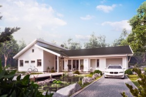 บ้านสวยหน้ากว้าง ดีไซน์หลังคาปีกนกสวยทันสมัย