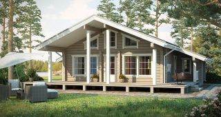 บ้าน Log Cabin สีเทาตัดขาว บรรยากาศบ้านไร่อบอุ่น
