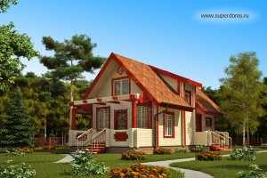 บ้าน Log Cabin สองชั้นสลับสีครีม-แดง สดใส