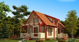 บ้าน Log Cabin สองชั้นสลับสีครีม-แดง สดใส