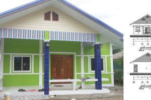 รีวิว แบบบ้านชั้นเดียว หลังคาจั่ว พื้นที่ใช้สอย 67 ตร.ม. งบประมาณ 600,000 บาท