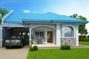 แบบบ้านบังกะโลชั้นเดียว สีฟ้าตัดขาว 3 ห้องนอน 2 ห้องน้ำ พร้อมที่จอดรถ 1 คัน