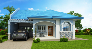 แบบบ้านบังกะโลชั้นเดียว สีฟ้าตัดขาว 3 ห้องนอน 2 ห้องน้ำ พร้อมที่จอดรถ 1 คัน