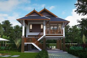 แบบบ้านหน้าแคบใต้ถุนสูง ทรงไทยประยุกต์ พื้นที่ใช้สอย 90 ตร.ม. งบประมาณ 900,000 บาท