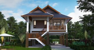 แบบบ้านหน้าแคบใต้ถุนสูง ทรงไทยประยุกต์ พื้นที่ใช้สอย 90 ตร.ม. งบประมาณ 900,000 บาท