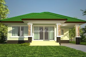 แบบบ้านชั้นเดียว หลังคาปั้นหยา พื้นที่ใช้สอย 91.2 ตร.ม. งบประมาณ เริ่มต้น 900,000 บาท