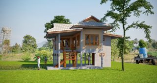 แบบบ้านเกษตรรักษ์ถิ่น บ้านชั้นเดียวยกพื้นสูง พื้นที่ใช้สอย 145 ตร.ม. งบประมาณ 1 ล้านบาท