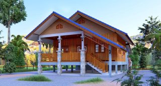 แบบบ้านชั้นเดียวกิ่งแก้ว บ้านยกพื้นสไตล์ชนบท พื้นที่ใช้สอย 126 ตร.ม. งบประมาณ 1.3 ล้านบาท