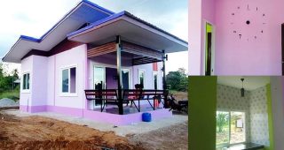รีวิว บ้านโมเดิร์นหลังเล็ก สีม่วงอมชมพู 2 ห้องนอน 1 ห้องน้ำ งบประมาณ 4.3 แสนบาท