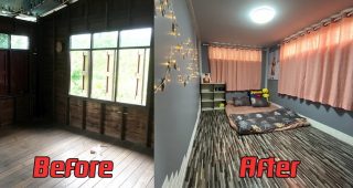 [ รีวิว ] แปลงโฉมห้องนอนไม้เก่า ให้เป็นห้องนอนใหม่ สะอาด อบอุ่นในโทนเทา-ขาว-ชมพู