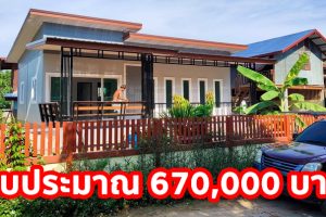บ้านโมเดิร์นชั้นเดียว แบบบ้านหน้ากว้าง คุมโทนสีเทา 3 ห้องนอน 1 ห้องโถง งบประมาณ 6.7 แสนบาท